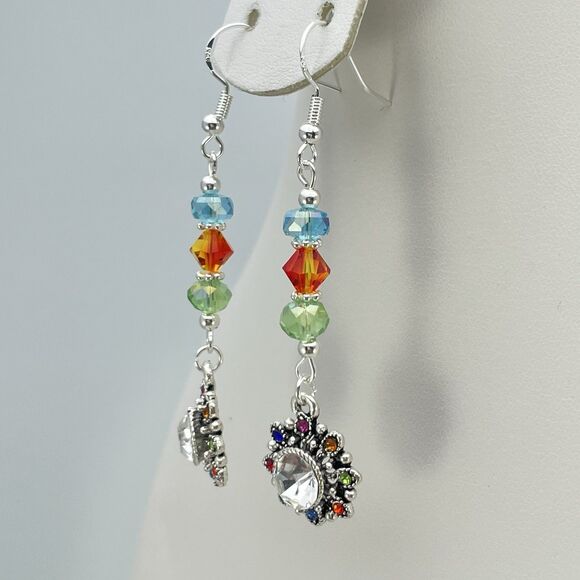 Sterling Silver Plated Multi Color Beaded Flower Rhinestone Dangle Earrings Boho - Picture 3 of 8